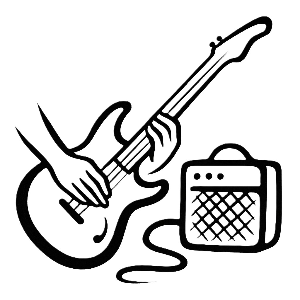 A-black-and-white-minimalist-digital-illustration-of-an-electric-guitar-and-its-amplifier-with-a-ha Activités Musicales